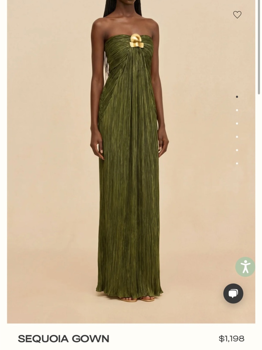 cult gaia Strapless Olive Green Pleated Gown with Gold Bust Accent - Picture 2 of 3